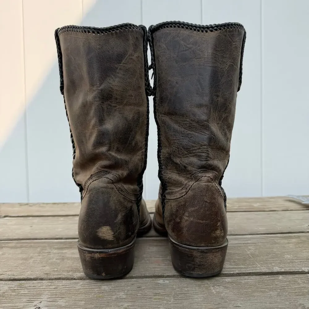 Lucchese Made Dog Laced Brown Leather Snip Square Toe Cowboy Western Boots 12D